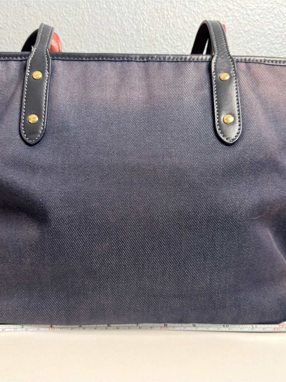 Coach Navy Canvas Tote with Brown-Trim Handles Flawed